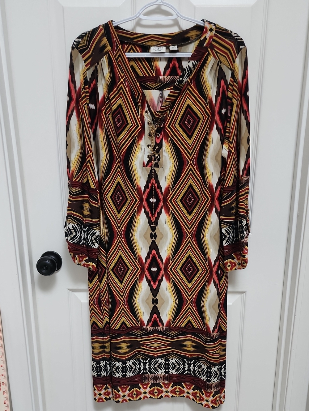 Cato's Long-Sleeve Geometric Lace-Up Dress in Multi Color, Size 18-20